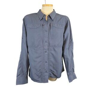 SIMMS Guide Series Top Womans Large Blue Fishing Zip Pockets Roll Tab Sleeves